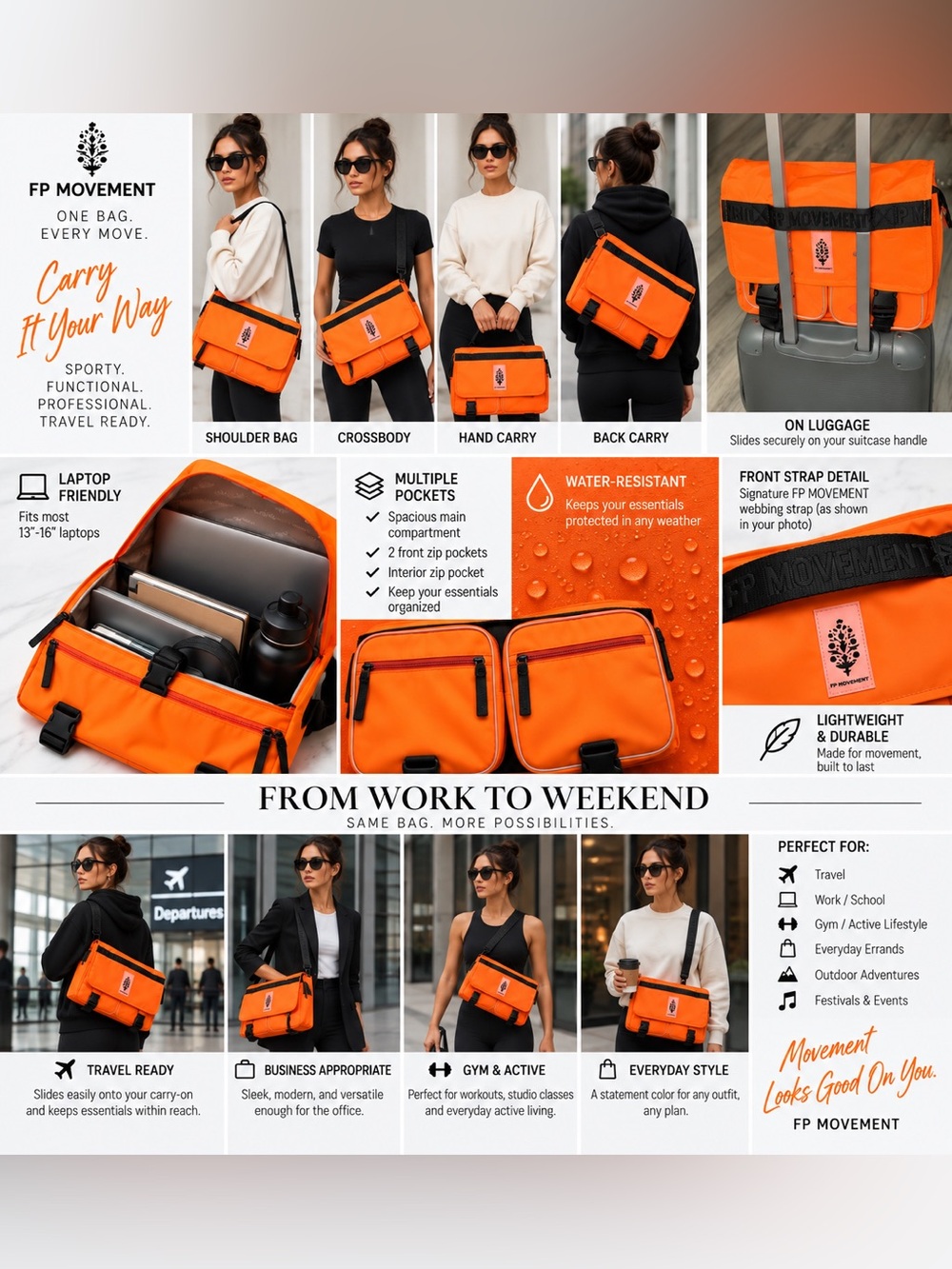 NEW FP Movement Laptop-Friendly Messenger Bag – Bright Orange 🧡 NEW